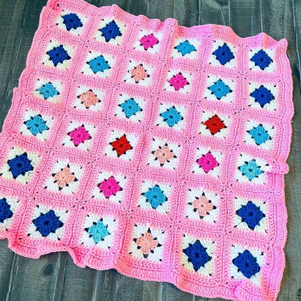Handmade Knit Crochet Baby Blanket Pink Multicolor
